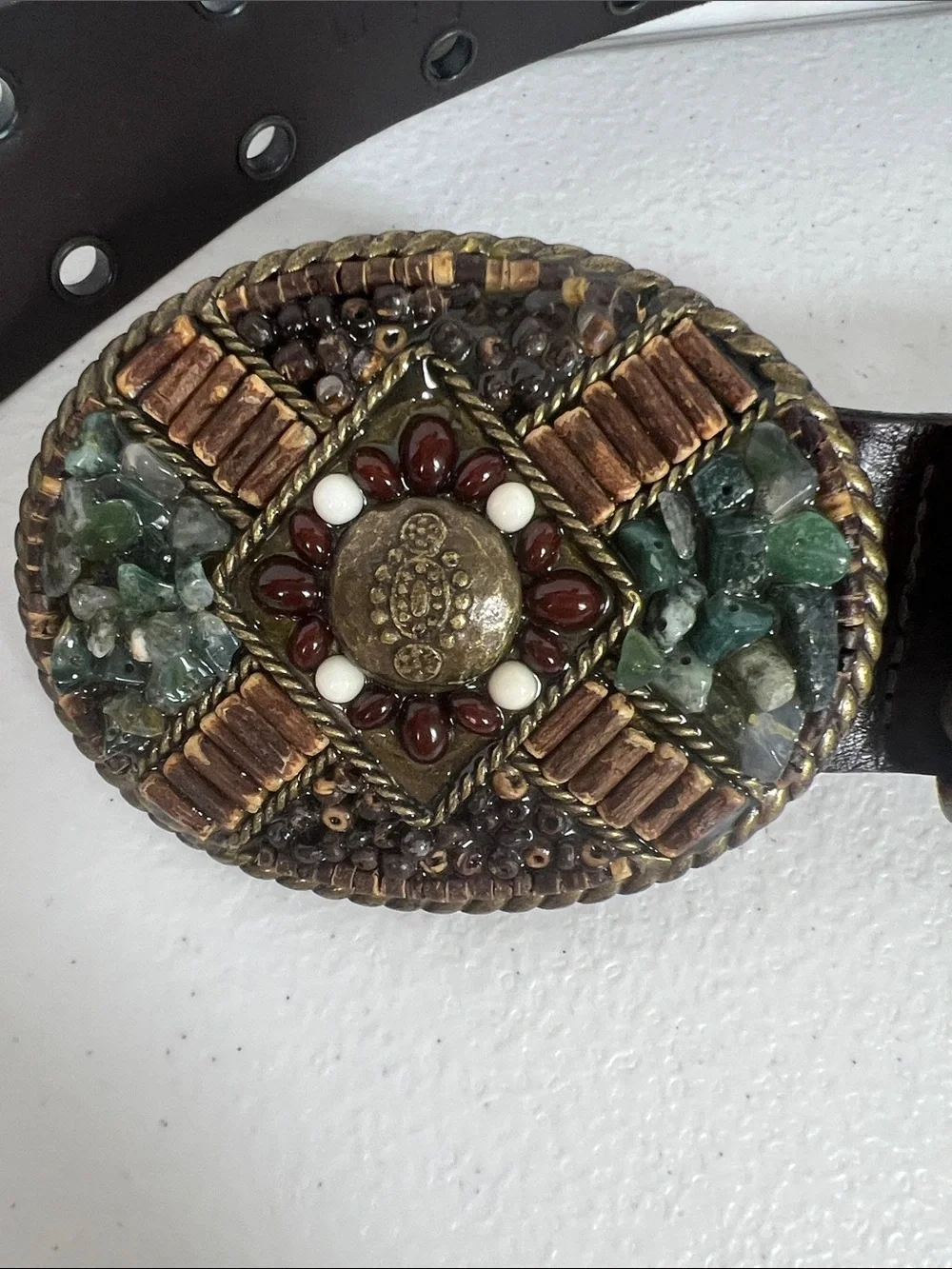 Cabi Sz M Leather Belt Brown Double Grommets Stone/Bead Buckle Vintage